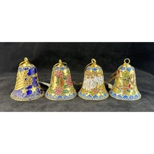 Cloisonné Enamel Bell Ornaments Set 4 Angel Star Dove Christmas Vintage Ganz 2"